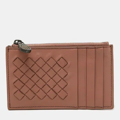 Pre-owned Bottega Veneta Dusty Pink Leather Intrecciato Zip Card Case