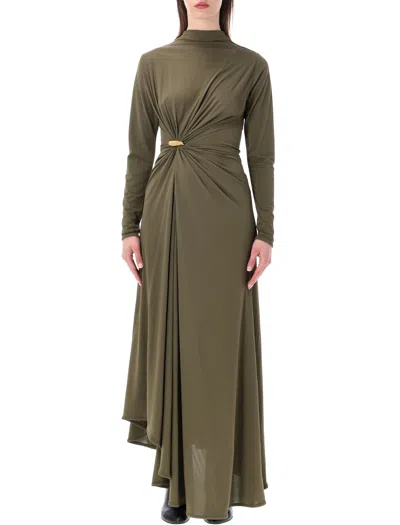 Bottega Veneta Elegant Sculptural Dress With High Neck And Brooch - Size 40 In Green