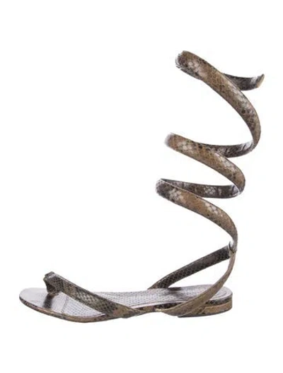 Pre-owned Bottega Veneta Embossed Leather Animal Print Gladiator Sandals In Brown