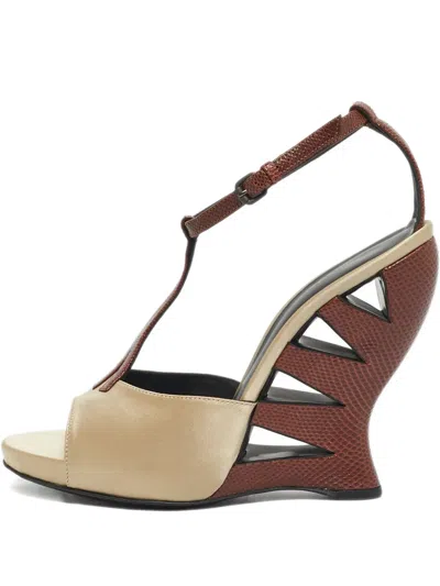 Pre-owned Bottega Veneta Embossed-leather Wedge Sandals In Neutral