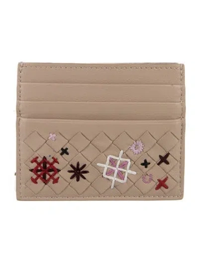 Pre-owned Bottega Veneta Embroidered Intrecciato Card Holder Intrecciato Weave Card Holder In Neutral