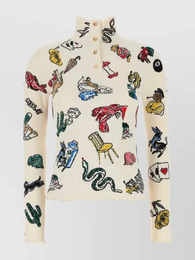 BOTTEGA VENETA EMBROIDERED STRETCH WOOL BLEND SWEATER WITH HIGH NECK
