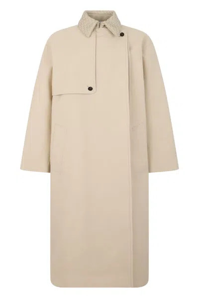 Bottega Veneta Embroidered Wool Blend Trench Coat In Neutral
