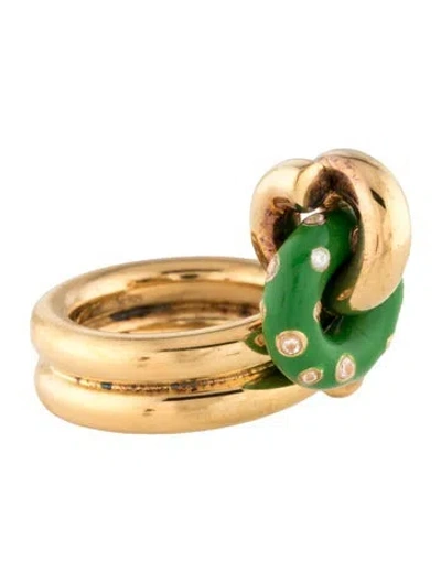 Pre-owned Bottega Veneta Enamel & Crystal Loop Cocktail Ring In Green
