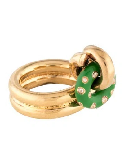 Pre-owned Bottega Veneta Enamel & Crystal Loop Cocktail Ring In Green
