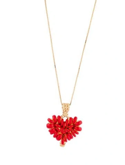 Pre-owned Bottega Veneta Enamel Heart Pendant Necklace, 26.25" In Red