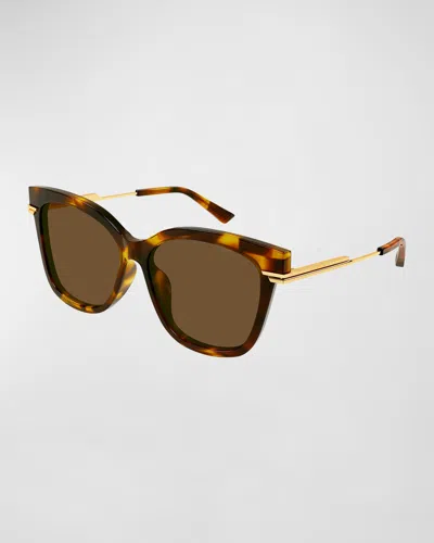 Bottega Veneta Engraved Logo Acetate & Metal Cat-eye Sunglasses In Avana