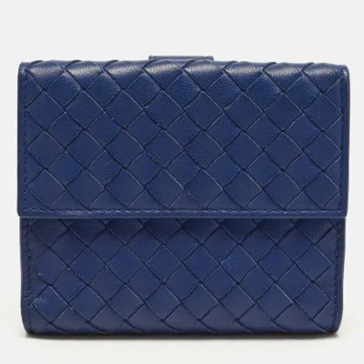 Pre-owned Bottega Veneta Flap Blue Intrecciato Leather French Wallet