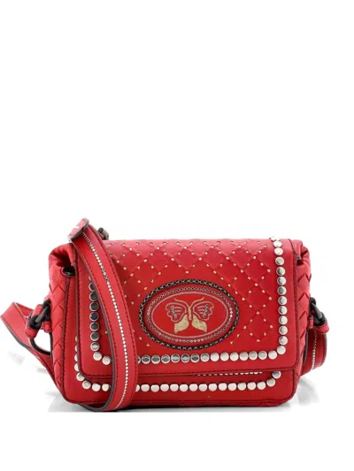 Pre-owned Bottega Veneta Flap Studded Leather With Intrecciato Detail Small Crossbody Bag In Red