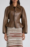 Bottega Veneta Womens Dark Moss Cinched-waist Flared-hem Leather Jacket In Brown