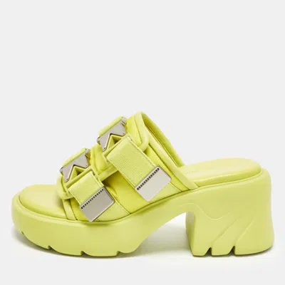 Pre-owned Bottega Veneta Flash Bomber Size 40 Neon Yellow Nylon And Leather Slide Sandals