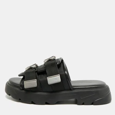 Pre-owned Bottega Veneta Flash Bomber Size 43 Black Leather And Nylon Slide Sandals