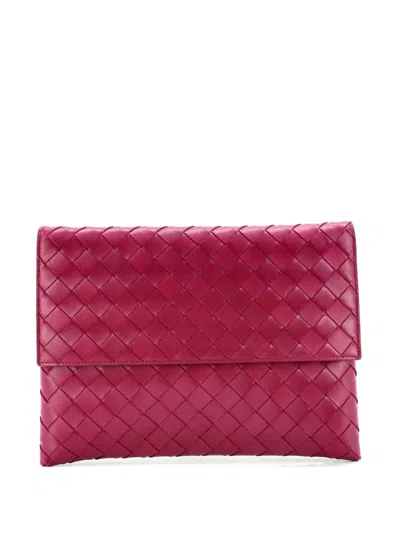 Pre-owned Bottega Veneta Flat Flap Pouch Intrecciato Nappa Clutch Bag In Pink