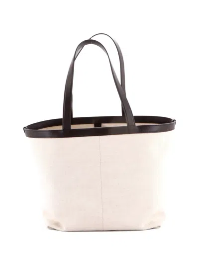 Pre-owned Bottega Veneta Flip Flap Canvas With Intrecciato Leather Medium Tote Bag In Neutral