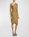 Bottega Veneta Flower-applique Long-sleeve Ruched Matte Crepe Viscose Jersey Dress In Moutard
