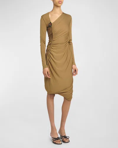 Bottega Veneta Flower-applique Long-sleeve Ruched Matte Crepe Viscose Jersey Dress In Moutard