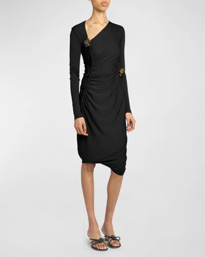 Bottega Veneta Flower-applique Long-sleeve Ruched Matte Crepe Viscose Jersey Dress In Black