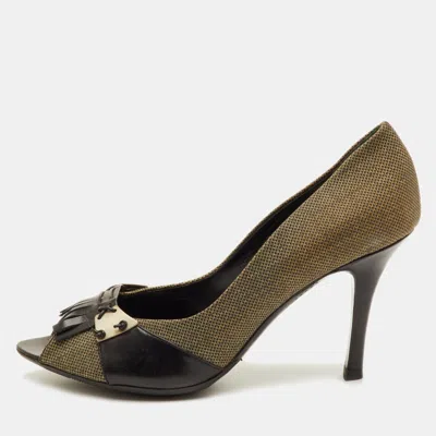Pre-owned Bottega Veneta Fringe Detailed Size 39.5 Black/green Canvas And Leather Peep Toe Pumps