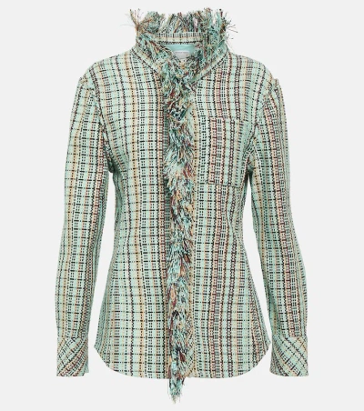 Bottega Veneta Fringed Checked Tweed Jacket In Green