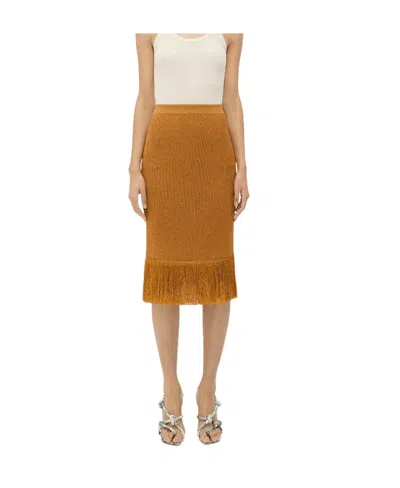 Bottega Veneta Fringed Hem Lurex Ribbed Midi Skirt In Brown