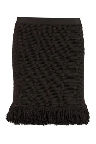 Bottega Veneta Knit Skirt With Fringed Hemline And Crochet Motif In Brown