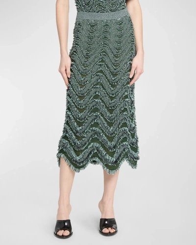 Bottega Veneta Fringed Waves Embroidered Midi Pull-on Skirt In Green