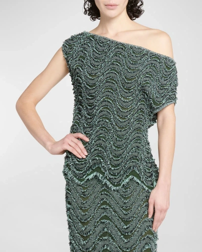 Bottega Veneta Fringed Waves Embroidered One-shoulder Top In Green
