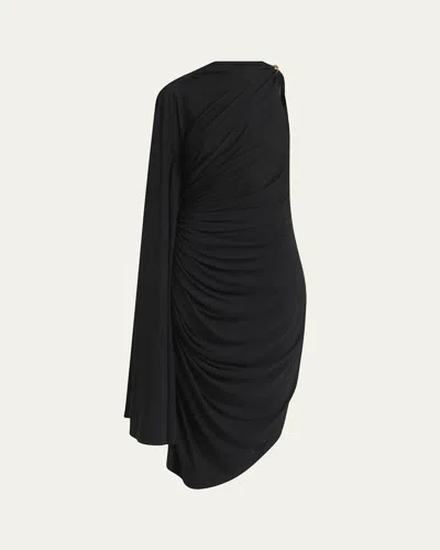 Bottega Veneta Frog Draped Matte Viscose Jersey Cape Dress In 1000 Black