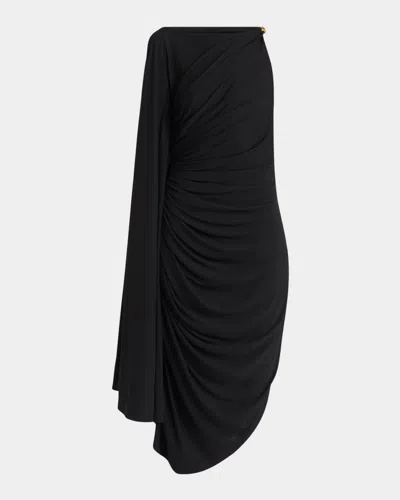 Bottega Veneta Frog Draped Matte Viscose Jersey Cape Dress In Black