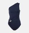 Bottega Veneta Gathered One-shoulder Swimsuit In Blue