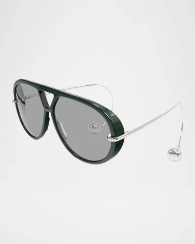 Bottega Veneta Geometric Acetate & Metal Alloy Aviator Sunglasses In Shiny Solid Dark Green