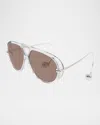 Bottega Veneta Geometric Acetate & Metal Alloy Aviator Sunglasses In Shiny Transparent Light Grey