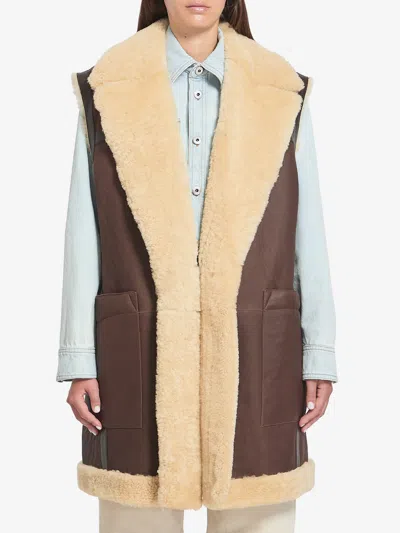 Bottega Veneta Gilet Lungo Con Pelliccia In Brown