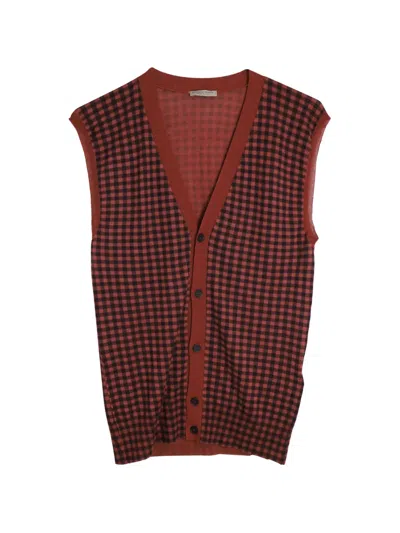 Pre-owned Bottega Veneta Gingham-check Cardigan Vest In Red