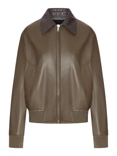 Bottega Veneta Glossy Lambskin Jacket With A Detachable Braided Collar In Brown