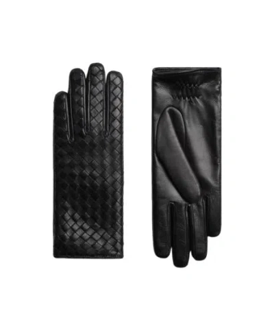 Bottega Veneta Black Leather Gloves With Intrecciato Pattern