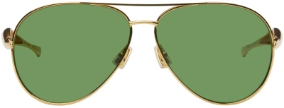 Bottega Veneta Gold & Green Sardine Aviator Sunglasses In Gold-gold-green