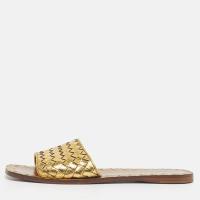 Pre-owned Bottega Veneta Gold Intrecciato Leather Veneta Flats Slide Size 36.5
