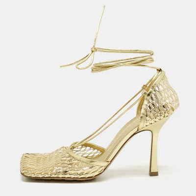 Pre-owned Bottega Veneta Gold Knit Fabric And Leather Stretch Wrap Pumps Size 39