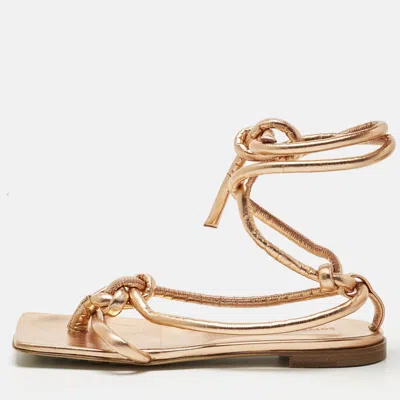 Pre-owned Bottega Veneta Gold Leather Ankle Wrap Flat Sandals Size 36 In Silver
