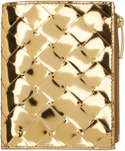 Bottega Veneta Gold Small Intrecciato Bi-fold Zip Wallet In Metallic