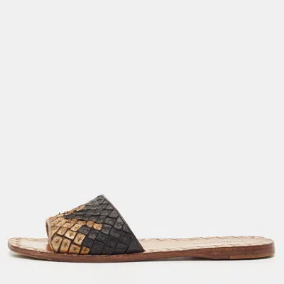 Pre-owned Bottega Veneta Gold/black Intrecciato Leather Flat Slides Size 35.5