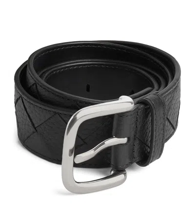 Bottega Veneta Grained Leather Intrecciato Belt In Grey