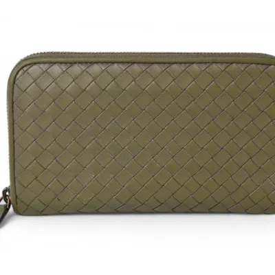 Pre-owned Bottega Veneta Gray Khaki Leather Long Wallet (bi-fold) ()