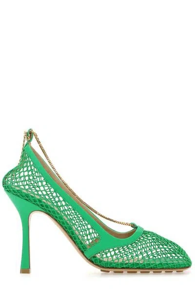 Bottega Veneta Green Stretch Sandals With Gold-tone Chain Strap And Square Toe