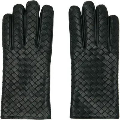Bottega Veneta Green Intrecciato Leather Gloves In Black