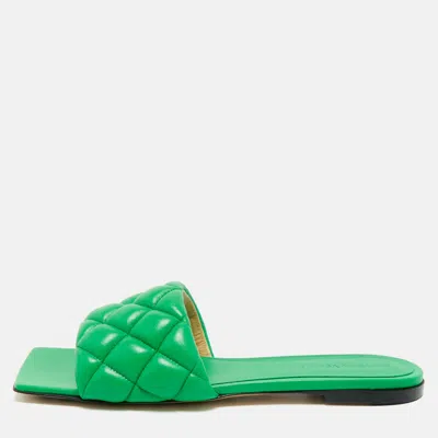Pre-owned Bottega Veneta Green Intrecciato Leather Lido Flat Slides Size 37.5