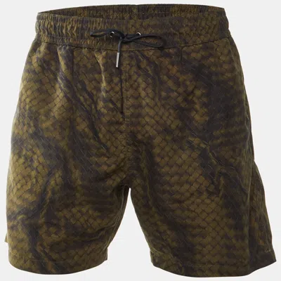 Pre-owned Bottega Veneta Green Intreccio Print Taffeta Swim Shorts L