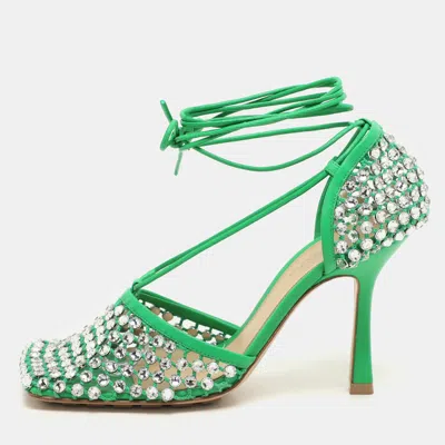 Pre-owned Bottega Veneta Green Leather And Cotton Mesh Sparkle Stretch Ankle Wrap Sandals Size 37