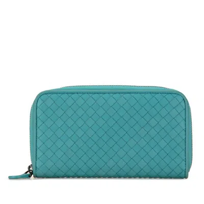 Pre-owned Bottega Veneta Green Light Blue Leather Long Wallet (bi-fold) () In Green, Light Blue